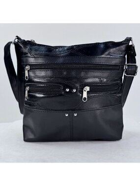 Stone Mountain Crossbody Bag Black Patch Leather Adjustable Strap Zipper Pockets